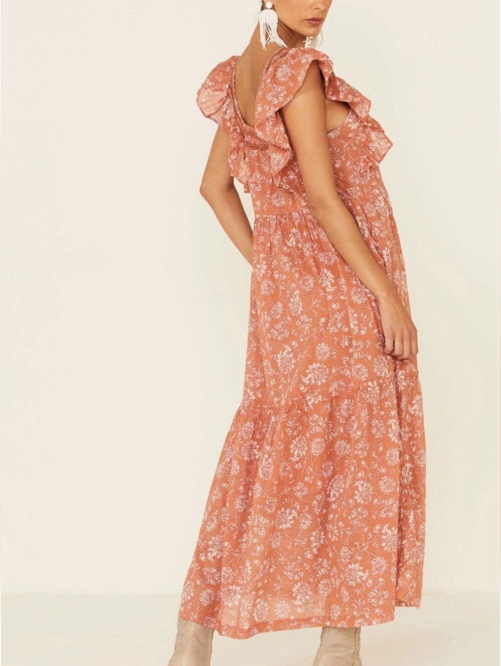 Free People Bonita Printed Midi Dress Coral Floral 100% Cotton Pockets Bohemian - Picture 11 of 17